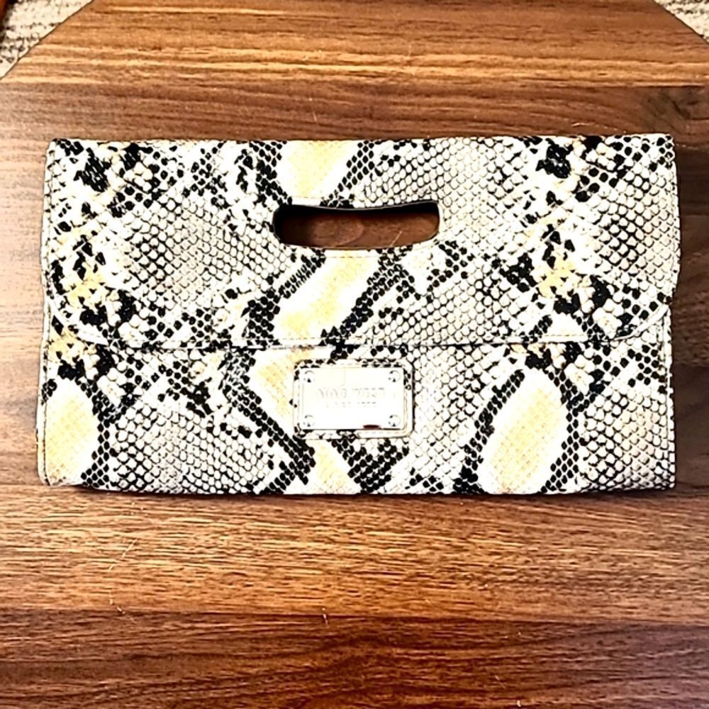 Nine West Snakeskin Textured Clutch with Finger Handle, Black, Tan, Beige